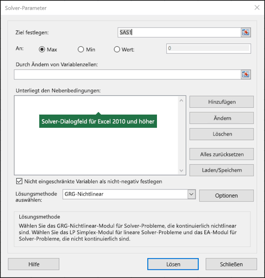 Abbildung des Dialogfelds "Excel 2010 + Solver"