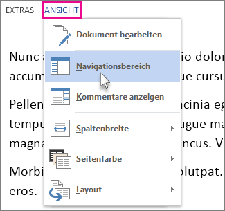 Abbildung des Menüs 'Ansicht' im Lesemodus mit ausgewählter Option 'Navigationsbereich'.