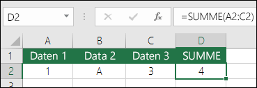 Richtiger Formelaufbau.  Anstelle von =A2+B2+C2 lautet die Formel in Zelle D2 =SUMME(A2:C2).