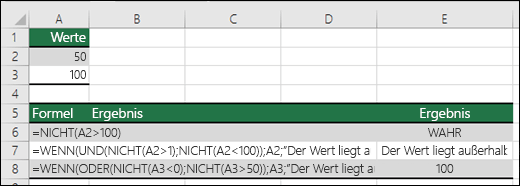 Beispiele für NICHT mit WENN-, UND- und ODER-Funktionen