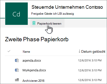 Endgültiger Papierkorb in SharePoint Online mit hervorgehobener Schaltfläche zum Leeren des Papierkorbs