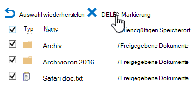 Endgültiger Papierkorb in SharePoint 2016 mit Auswahl aller Elemente und Hervorhebung von "Löschen"