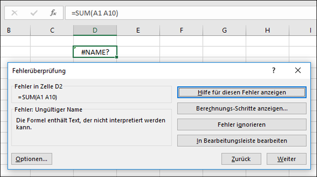 Das Dialogfeld "Fehlerüberprüfung" unter die Bearbeitungsleiste ziehen