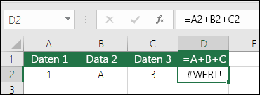 Beispiel für eine schlechte Formelerstellung.  Die Formel in Zelle D2 lautet =A2+B2+C2