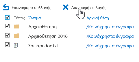 Κάδος ανακύκλωσης 2ου επιπέδου του SharePoint 2016 με όλα τα στοιχεία επιλεγμένα και επισημασμένη τη διαγραφή