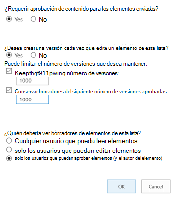 Opciones de configuración de lista en SharePoint Online, que muestran el control de versiones habilitado