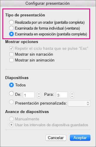 Opciones de tipo de presentación