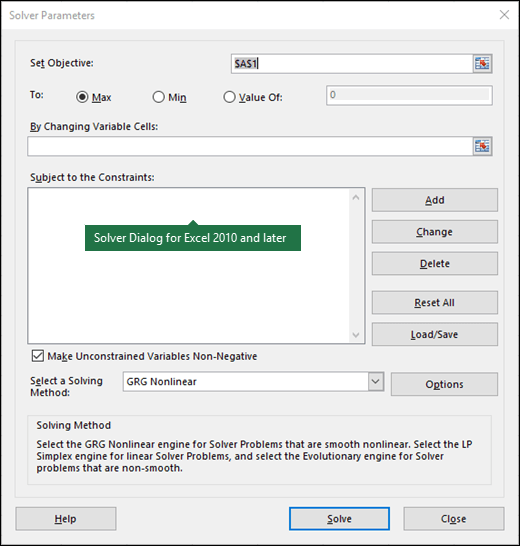 Imagen del cuadro de diálogo de Excel 2010 + Solver