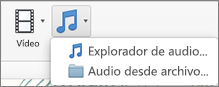 Menú Insertar audio con las opciones de audio desde archivo y el explorador de audio