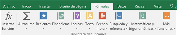 La pestaña Fórmulas de Excel en la cinta de opciones