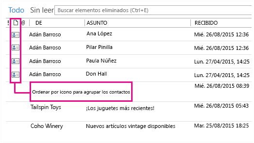 Icono Ordenar por para agrupar contactos de la carpeta Elementos eliminados