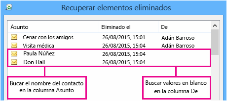 Columna Ordena por asunto o Desde para buscar contactos