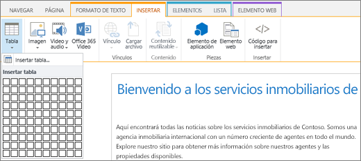 Captura de pantalla de la cinta de SharePoint Online. Seleccione la pestaña Insertar y después seleccione Insertar tabla para especificar el número de filas y columnas de una nueva tabla.