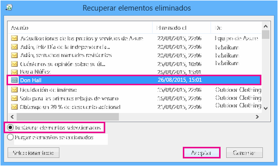 Seleccione un contacto para restaurar y haga clic en Aceptar