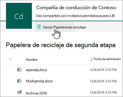 Papelera de reciclaje de 2.º nivel de SharePoint Online con el botón Vaciar papelera de reciclaje resaltado