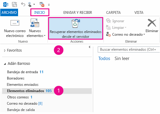 Seleccione la carpeta Elementos eliminados y haga clic en Recuperar elementos del servidor