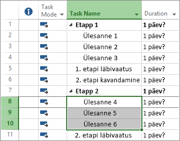 Projektiplaanis esitatud ülesannete kuvatõmmis.