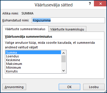 Exceli dialoog Väärtusevälja sätted sätetega Väärtuste summeerimisalus