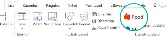 Office’i lisandmoodulite installimiseks klõpsake Office’i lindimenüü Lisa nuppu Pood.