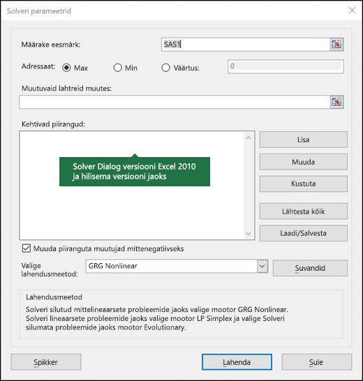 Excel 2010+ Solveri dialoogiboksi pilt