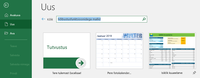 Menüü Fail vahekaart Uus, kus on kasutusel otsinguväli Veebimallide otsimine