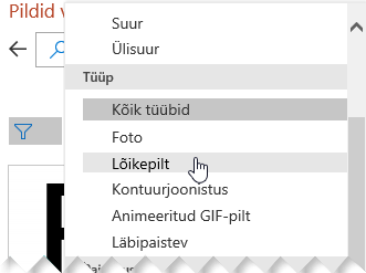 Kasutage valikut Tüübifilter, et kitsendada oma valikud ainult lõikepildile