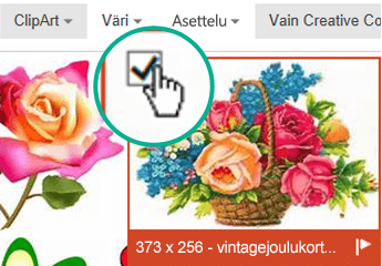 Valitse lisättävän kuvan pikkukuva. Valintamerkki näkyy vasemmassa yläkulmassa.