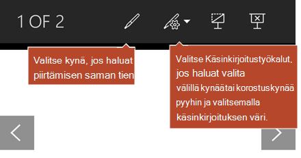 Käsinkirjoitustyökalut käytettävissä diaesitysnäkymässä.