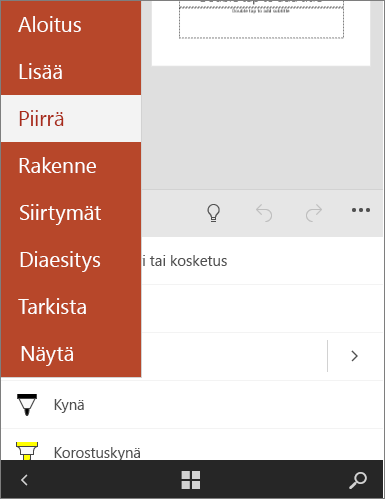 Näyttää Office Mobilen Piirrä-välilehden valittuna.