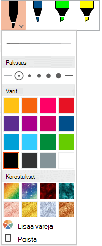 Kynän väri- ja paksuusasetukset Officen kynävalikoimassa Piirrä-välilehdessä