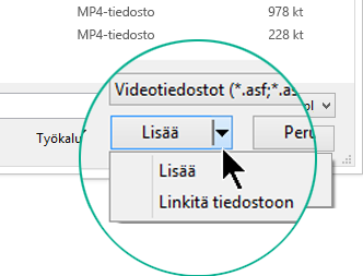 Valitse Lisää video -valintaikkunassa joko Lisää (joka tarkoittaa upottamista) tai Linkitä tiedostoon.