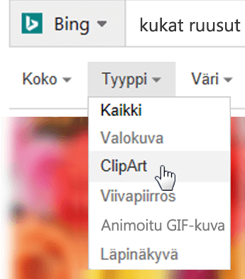 Valitse tyyppisuodatin ja valitse ClipArt
