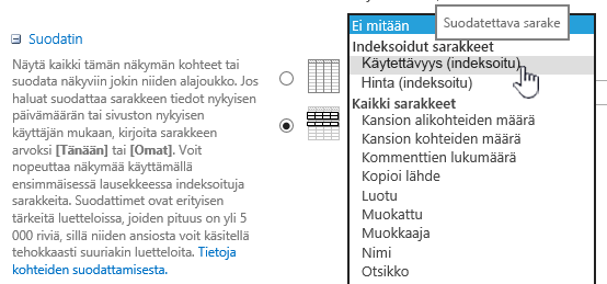 Valitse SharePoint Onlinessa indeksoitu kenttä