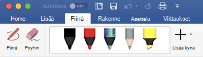 Piirrä-välilehden kynät ja korostuskynät Office 365 for Macissa
