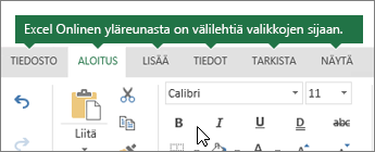 Aloitus-, Lisää-, Tiedot- ja Näytä-välilehdet Excelin verkkoversiossa