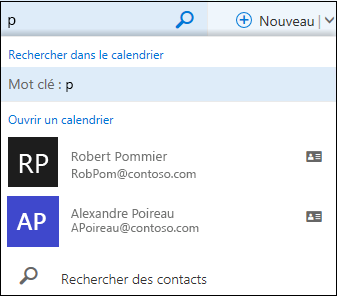 Liste de recherche qui s’affiche quand vous tapez dans la zone de recherche de calendrier des caractères correspondant à un nom  figurant dans votre liste de contacts ou annuaire.