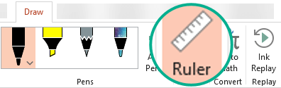 Le gabarit Règle se trouve sur l’onglet Dessin du ruban dans PowerPoint 2016.