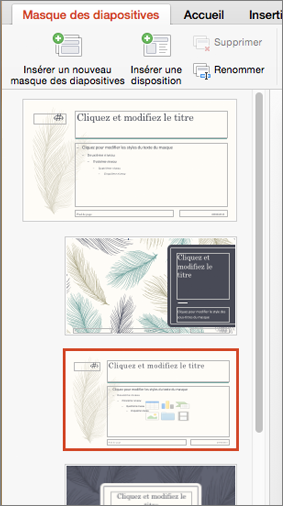 Le volet des miniatures affiche des dispositions lorsque le masque des diapositives est modifié