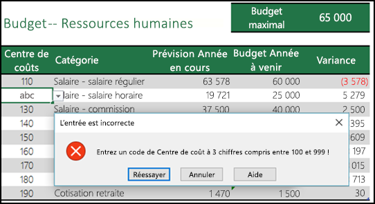 Exemple de message de saisie non valide