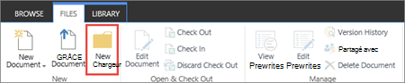 Image du ruban Fichiers SharePoint avec Nouveau dossier mis en évidence.
