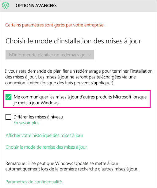 Options avancées de Windows Update