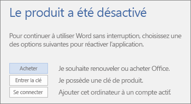 Capture d’écran du message d’erreur « Produit désactivé »