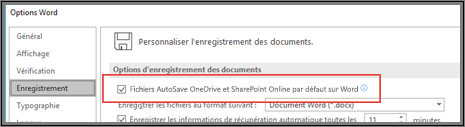 Boîte de dialogue Fichier > Options > Enregistrer affichant la case d’activation ou de désactivation de l’enregistrement automatique