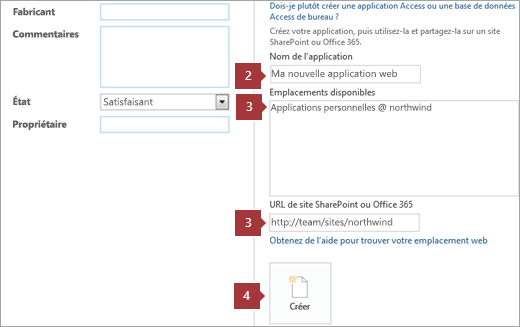 Écran de création d’une nouvelle application web Access