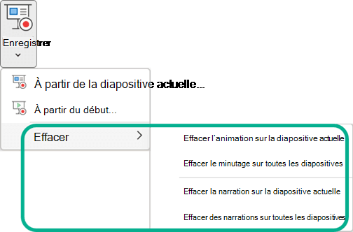 Commandes Effacer sur le bouton de menu Enregistrer le diaporama dans PowerPoint.