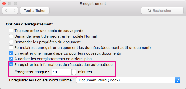 Dans la boîte de dialogue Enregistrer, sélectionnez Enregistrer les informations de récupération automatique, puis définissez l’intervalle en spécifiant les minutes dans la zone Enregistrer automatiquement toutes les.