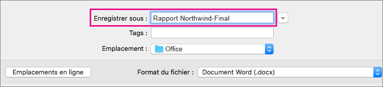 Dans la zone Enregistrer sous, entrez ou modifiez le nom de fichier du document en cours.