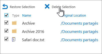 Corbeille de niveau 2016 sharePoint 2016 avec tous les éléments sélectionnés et supprimer mis en évidence