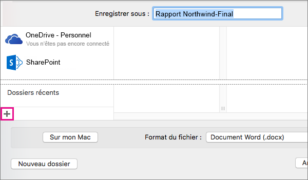 Pour ajouter un service en ligne, cliquez sur le signe plus situé en bas de la colonne gauche de la boîte de dialogue Enregistrer sous.