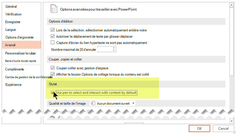 Pour désactiver l’entrée manuscrite par défaut, sélectionnez l’option « Utiliser le stylet pour sélectionner et interagir avec le contenu par défaut ».